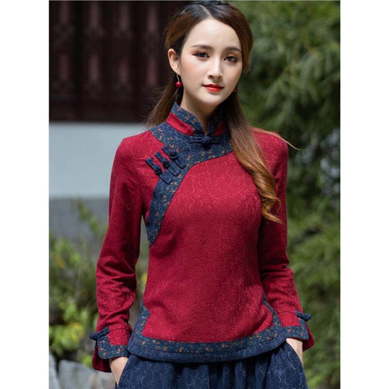 民国风女装中式唐装盘扣复古改良版汉服棉麻提花旗袍上衣茶服套装