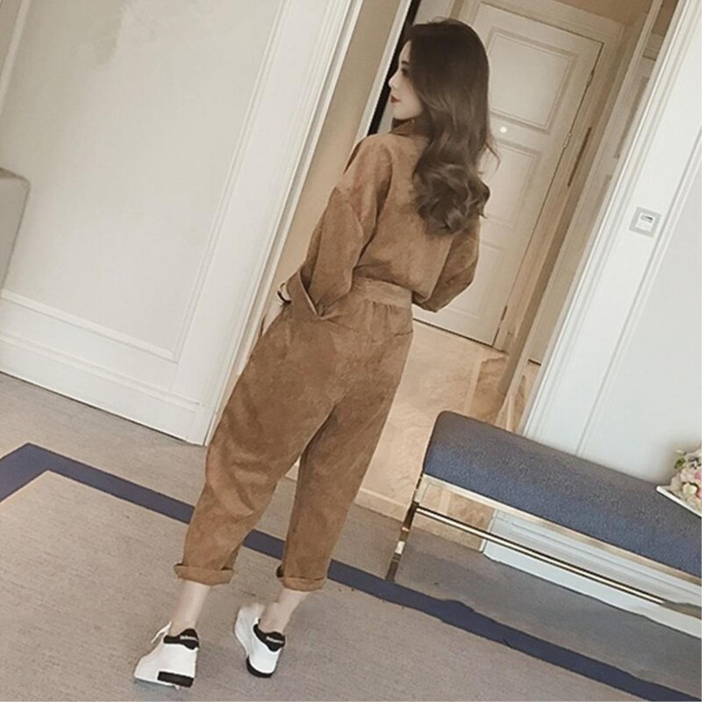 春秋新款韩范灯芯绒系带工装时尚休闲连体裤女高腰阔腿连衣九分裤