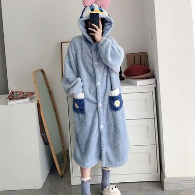 唐老鸭秋冬季加绒加厚珊瑚绒情侣睡衣可爱男女睡袍家居服长款睡裙