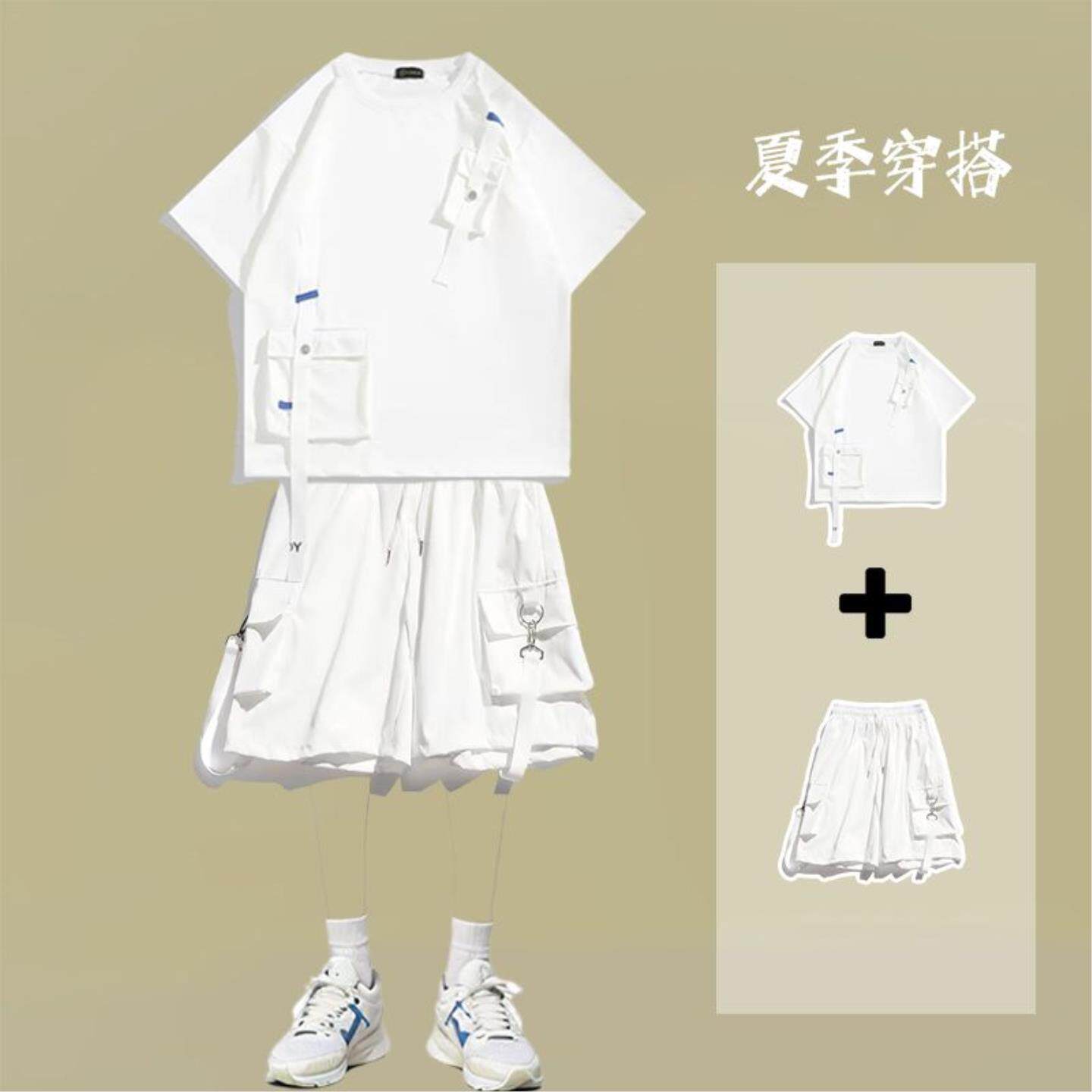 夏季飘带口袋短袖五分裤套装男新休闲运动套装