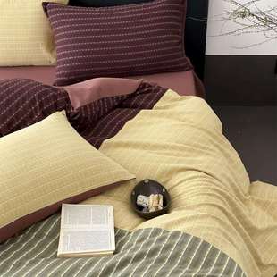 意式 简约艺术全棉品色花织提四家件套纯棉被套床JM上用条纹拼接撞