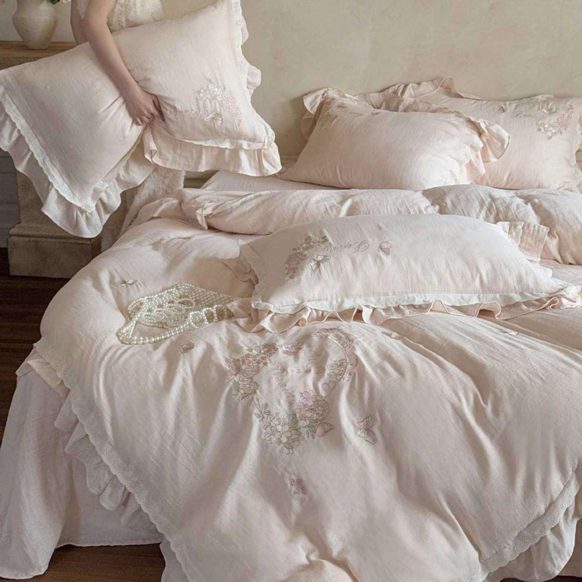 法式浪漫少女皱皱WD双蝶纱纯棉四件层套蝴刺绣花边春夏女生床品纯