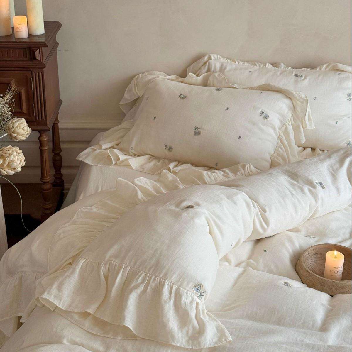 法式风公主QK全棉双层皱柔皱纱软四件套四季单刺绣荷叶边床被套床