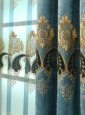 跨境GP2022-0现发货海外仓直欧式花窗帘布成品客卧厅绣室蓝色遮阳