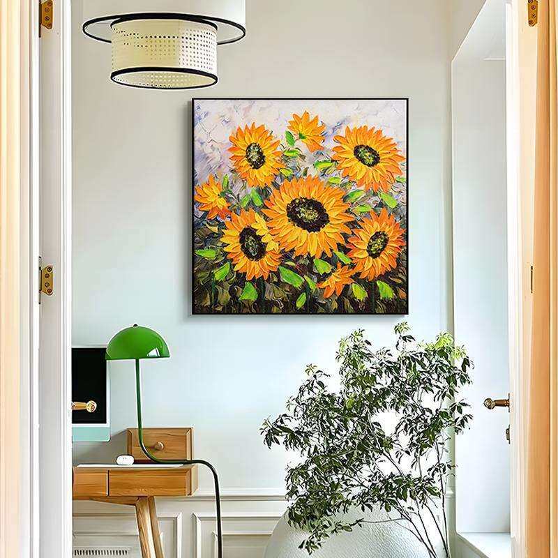 花卉手油画美式葵客厅方形玄关工装饰画RQK现代简餐厅约挂画向日8