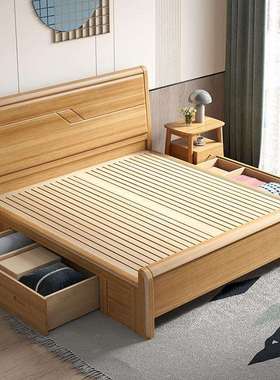 全实FDA木白色榉木床加厚箱原木大床1储物1.5米.8双人纯实木高床