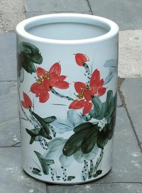 陶瓷书画雨字伞筒缸手绘荷花轴画缸家居书房01581装饰陶瓷卷摆件