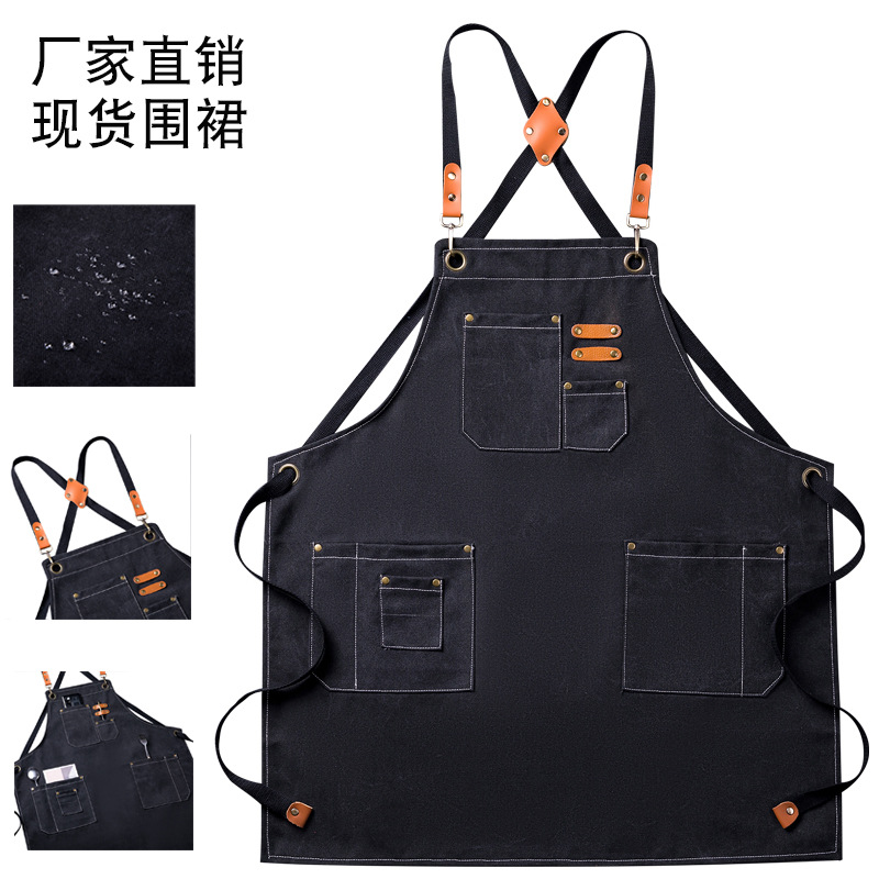 加厚外贸帆布围裙发型师美甲奶茶烘焙店餐厅牛仔工作围裙