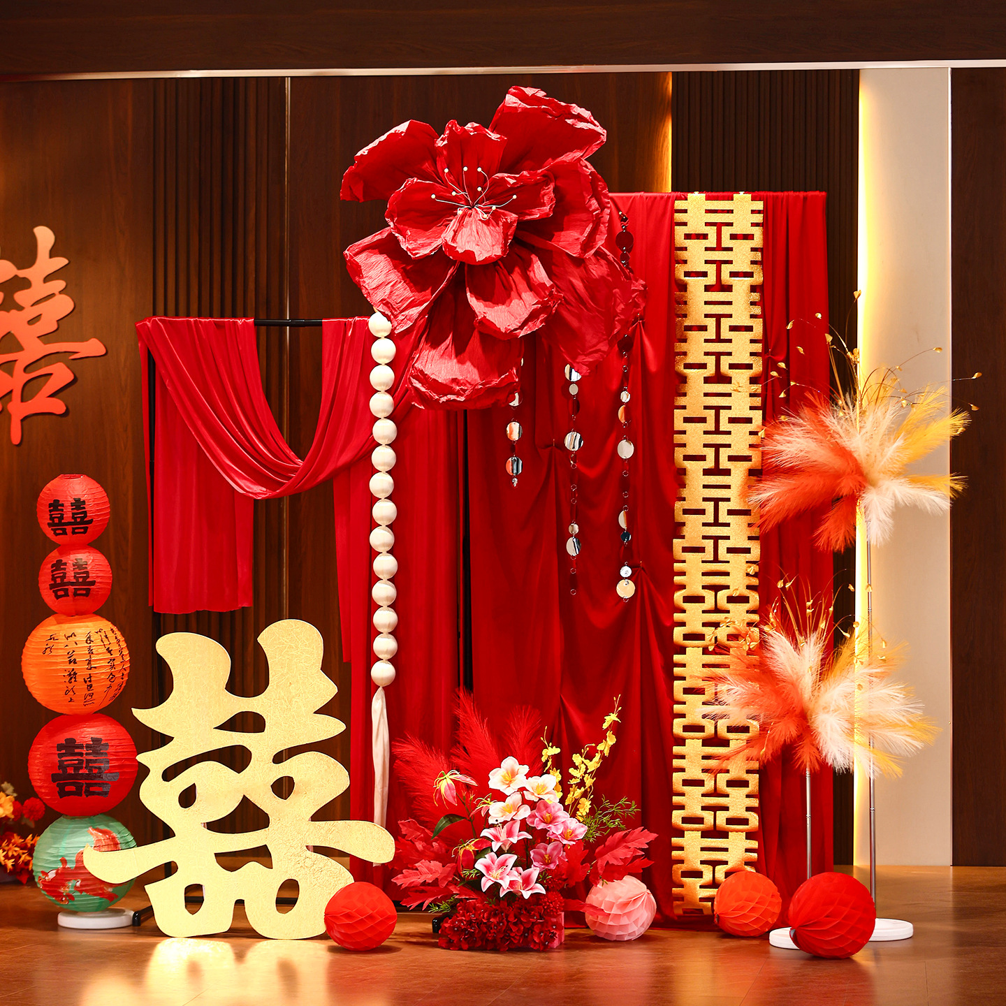 结婚装饰醒狮婚房布置套装婚礼男女方新房卧室国潮舞狮拉花背景墙