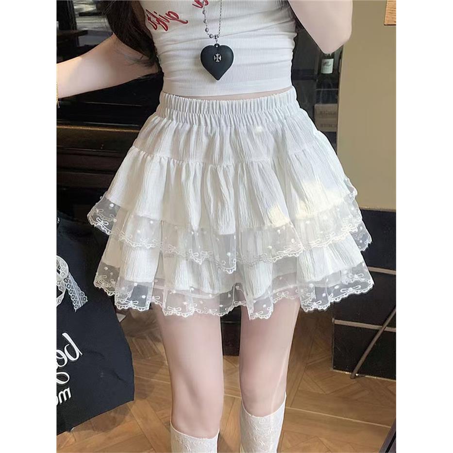 纯欲风甜辣妹蕾丝花边蓬蓬半身裙子春夏季高腰皱褶A字蛋糕短裙潮
