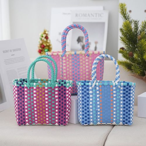 编织菜篮子包手工PP手提包撞色