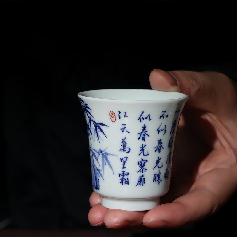 景德镇手绘竹子青花茶杯闻香杯陶瓷书法功夫茶具主人杯单杯品茗