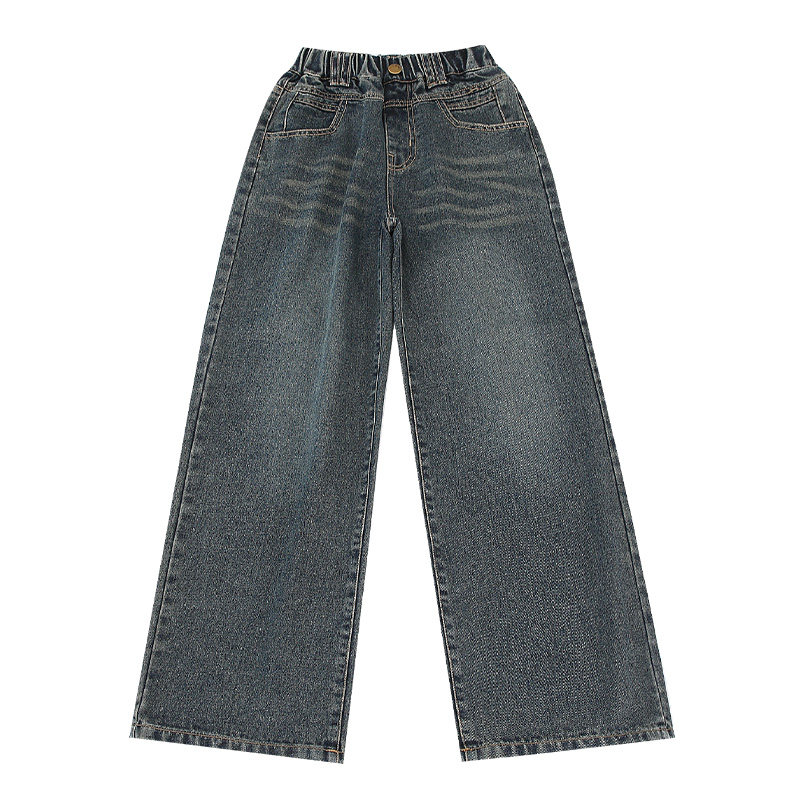 女童加绒牛仔裤阔腿裤高腰加厚外穿儿童直筒裤秋冬季大童休闲裤子