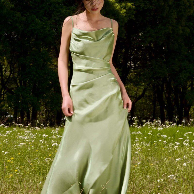 无线WUXIAN醒春偏光绿大裙摆长款成人礼生日会连衣裙礼服裙