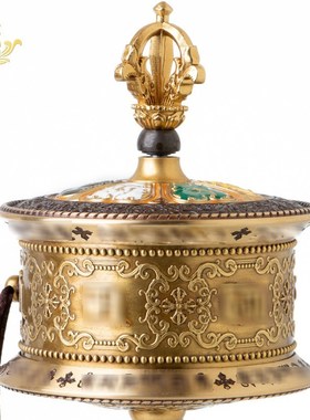 藏族转金筒手摇纯铜转金轮六字经轮摆件吉祥转金桶手持转动轮转筒