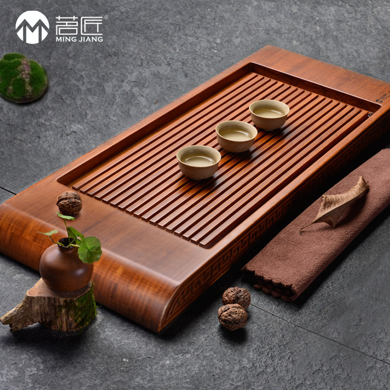 茗匠茶具乌金石重竹茶盘茶海竹制日式排水式茶台特大号整块茶托盘