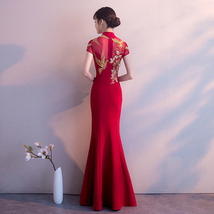 中式 长款 中国风新娘结婚红色晚礼服女鱼尾 夏季 敬酒服旗袍2020新款