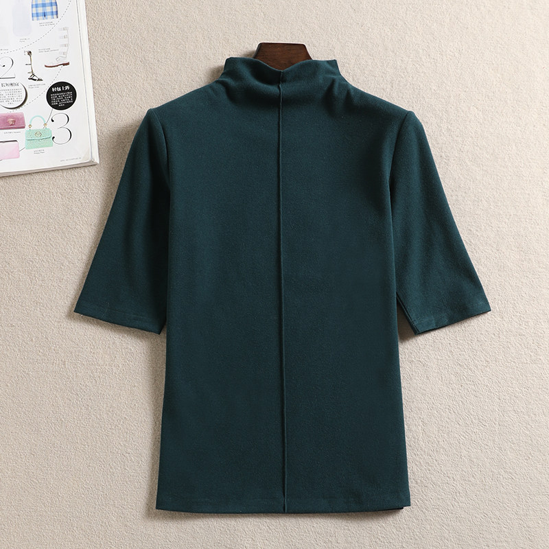 倩之诺春秋新款2021纯棉磨毛半高立领修身中袖T恤女装上衣打底衫