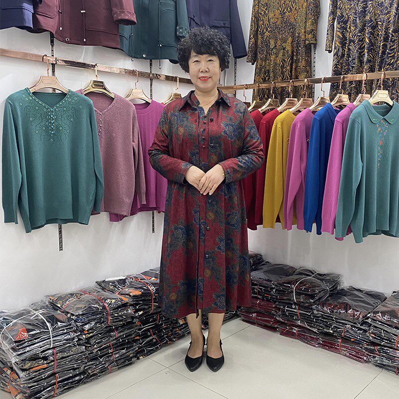中老年秋装新品妈妈时尚旗袍两件套女50岁风衣V领中长裙翻领套装