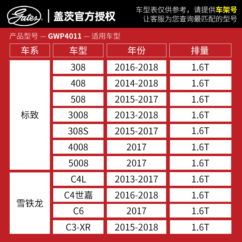 盖茨适配标致408标志508 308S汽车水泵总泵C4世嘉C4LC5机械泵1.6T