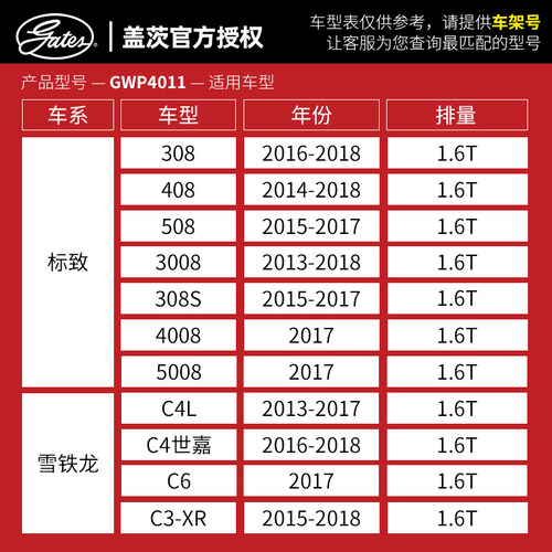 盖茨适配标致408标志508 308S汽车水泵总泵C4世嘉C4LC5机械泵1.6T