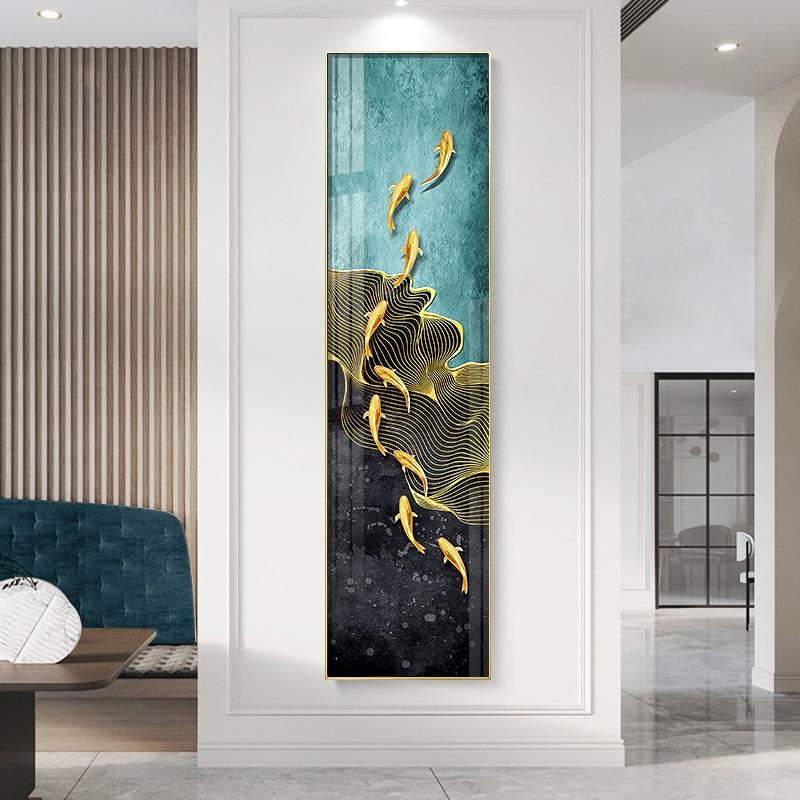 定制九鱼图玄关壁画窄背景墙装饰画长条客厅挂画入户竖款过道轻奢