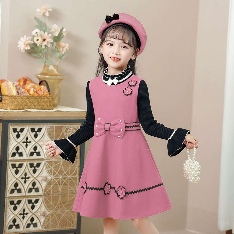 女童套装春秋2023新款女孩连衣裙儿童公主裙毛呢背心裙冬装两件套
