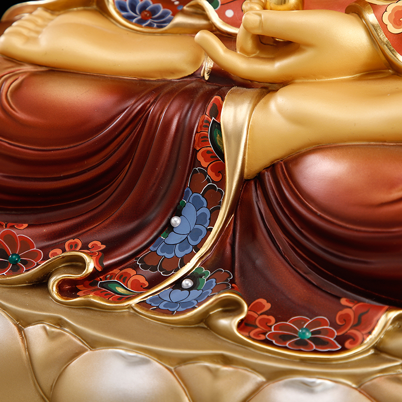 纯铜彩绘观音菩萨家用供奉坐莲观音佛像观世音娑婆三圣铜像摆件