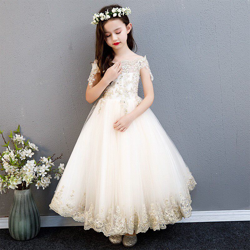 拖尾一字肩连衣裙儿童礼服露肩女童公主裙蓬蓬纱洋气长裙演出服