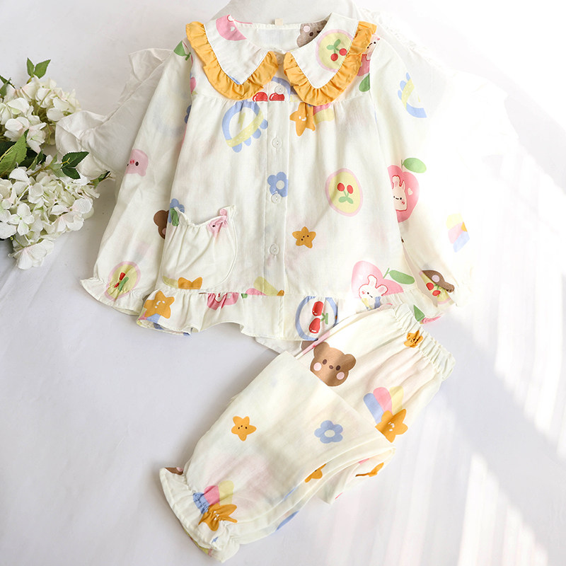 春夏女童儿童纯棉纱布睡衣长袖套装春秋薄款可爱卡通小女孩家居服