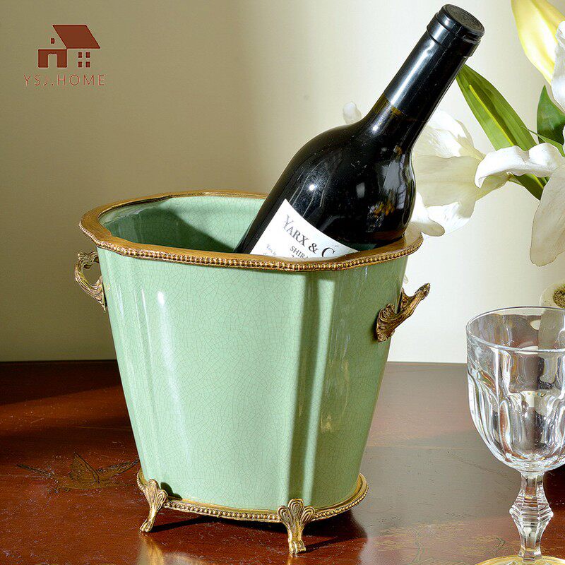 欧美陶瓷配铜双耳花盆 冰桶客厅餐厅饰品摆件 古典奢华别墅工艺品