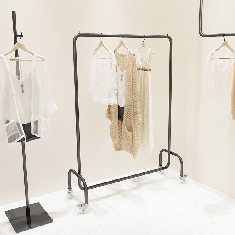 服装店展示架不锈钢电镀黑钛挂衣杆女装店带轮子落地衣架陈列架