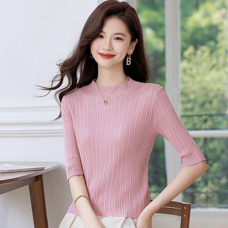 秋季女装2024新款小个子短款上衣中袖薄款针织衫修身半高领打底衫