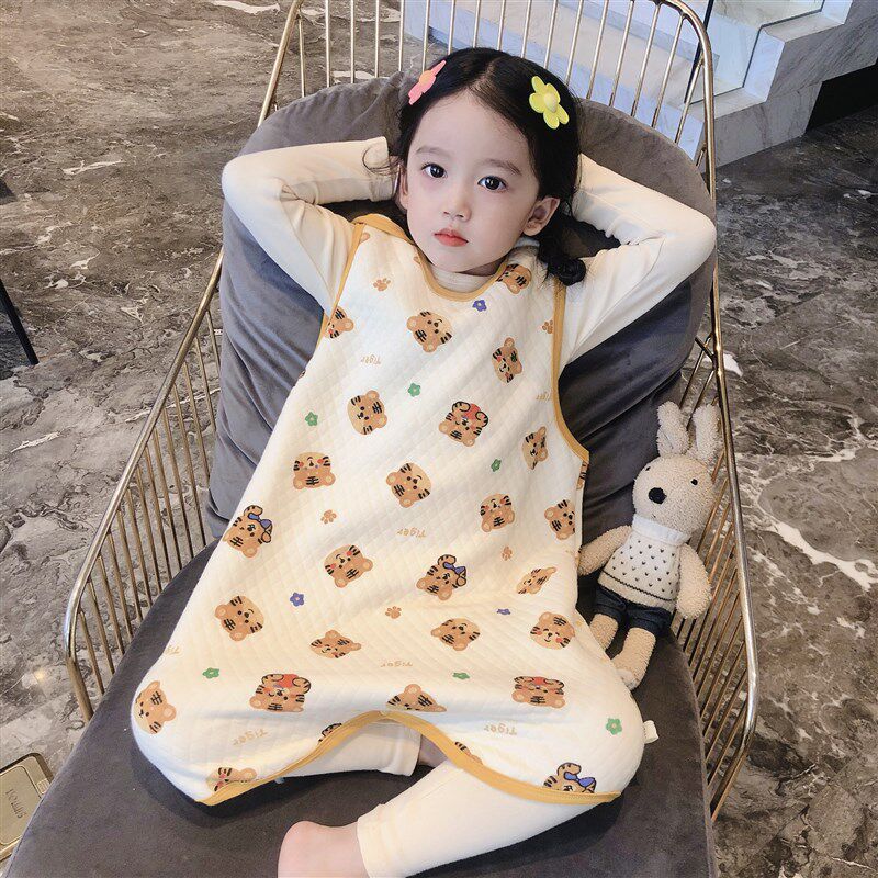 宝宝春秋夹棉背心睡袋卡通男孩家居服纯棉无袖连体衣女童秋冬睡袍