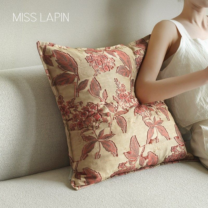 澜品花序红色纯棉吊穗抱枕客厅靠枕沙发腰枕新中式枕套靠垫