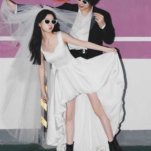 法式轻婚纱白色气质缎面吊带订婚礼服连衣裙小个子新娘结婚出门纱