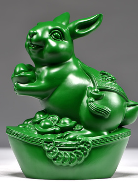绿色木兔摆件一对兔子工艺品木头兔摆件家居实木质雕刻桌面装饰品