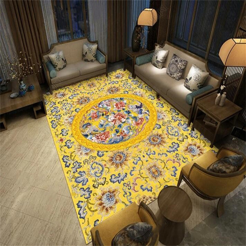 茶几地毯轻奢地垫新中式床边毯黄色金色复古金钻绒客厅用花开富贵,居家布艺,地毯,淘宝优惠券,粉丝福利购,淘宝优惠卷