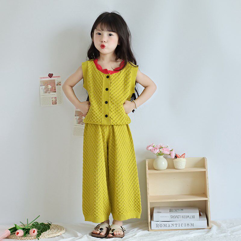 小蜜糖童装女童镂空针织套装女宝宝洋气花边领开衫马甲阔腿防蚊裤