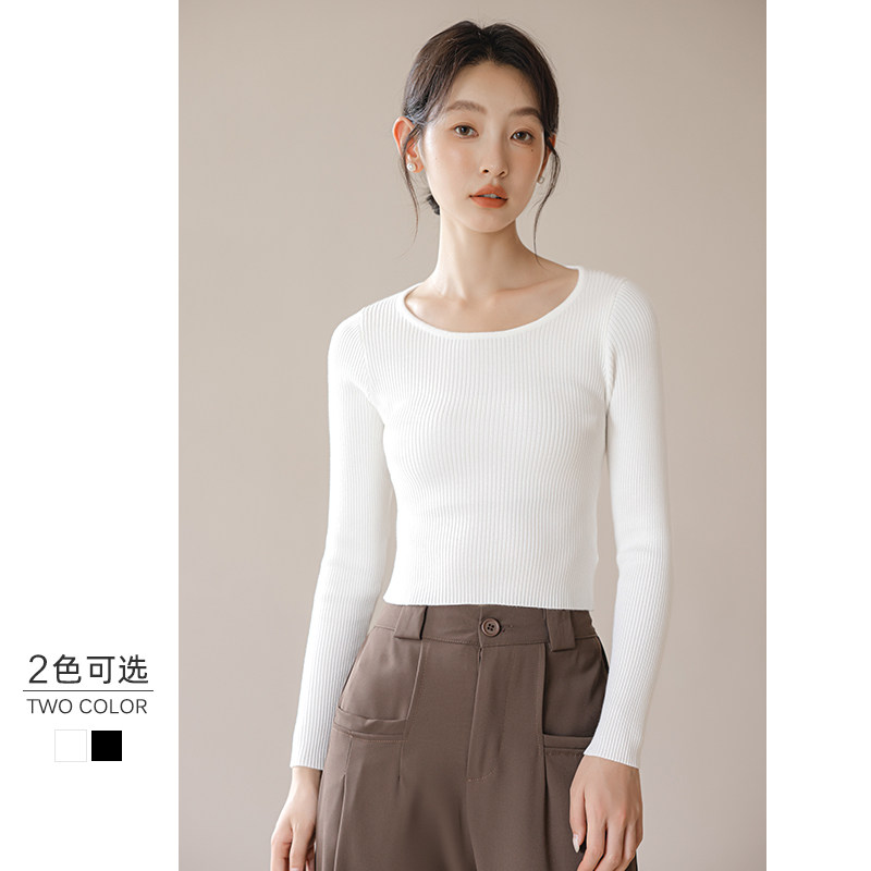 短款针织衫女秋冬圆领高腰紧身长袖套头内搭打底衫上衣黑白色毛衣