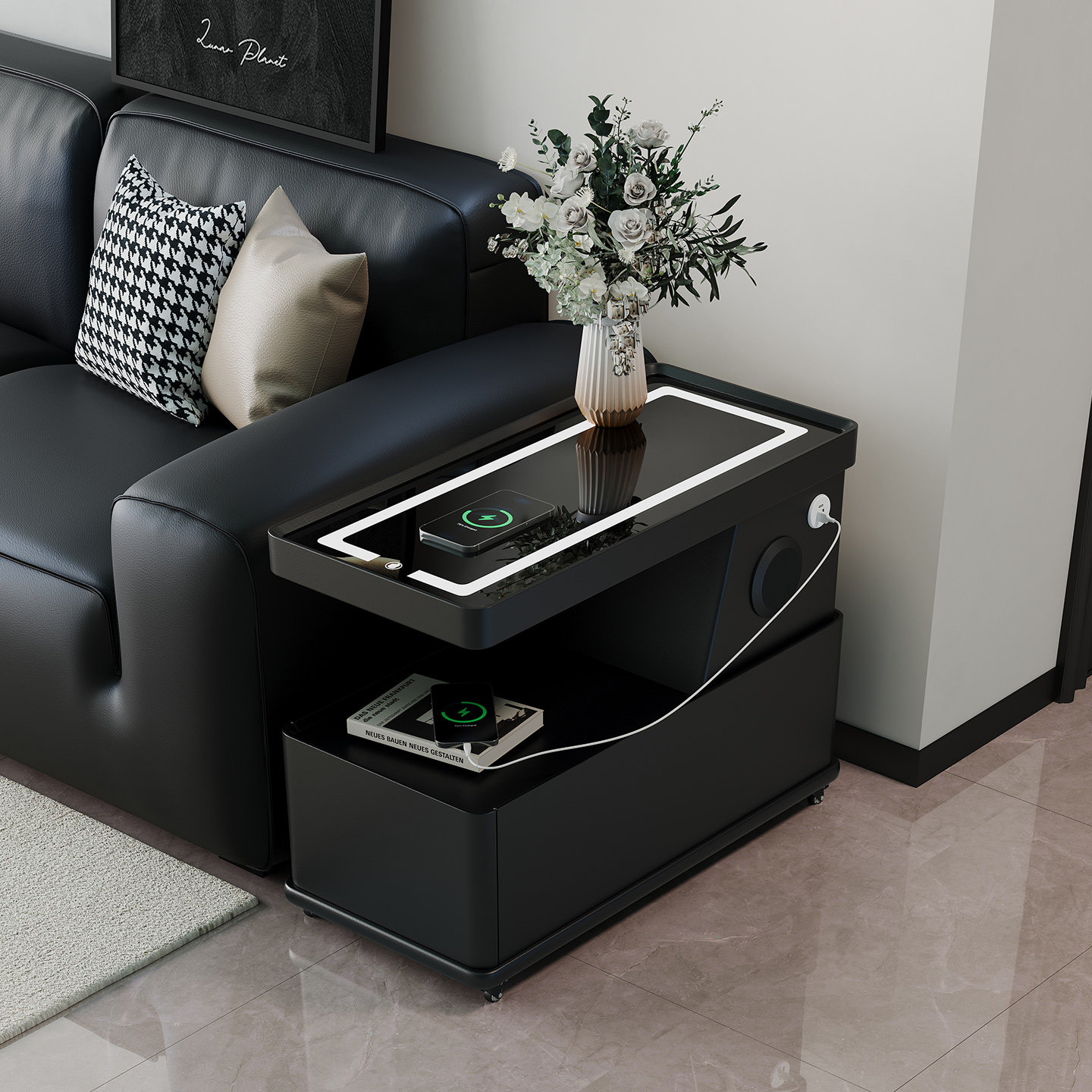 可移动茶几实木现代简约意式沙发边柜多功能蓝牙音响家用移动边几