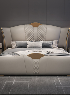 真皮床意式轻奢主卧2米2主卧大床现代简约带储物1.8米双人皮艺床