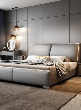 大象耳朵真皮床头层牛皮主卧双人床意式轻奢羽绒靠包储物皮床婚床