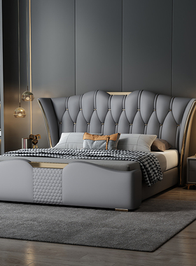 真皮床现代简约床主卧2.2米婚床带灯皮床高端大气1.8米双人软包床