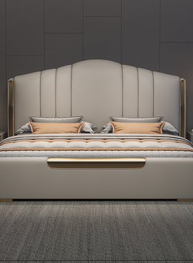 真皮主卧2米双人婚床意式轻奢1.8米软包床实木带储物1.5米皮艺床