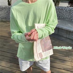 宽松棉圆领透气ins潮流纯色上衣 长袖 t恤男夏季 薄款 防晒打底衫