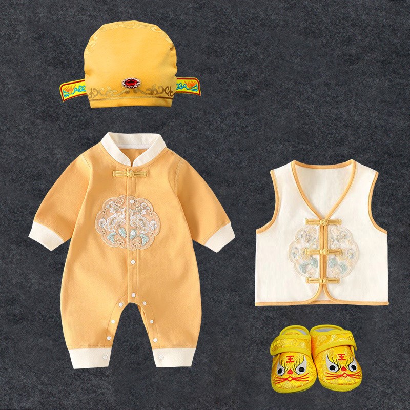 婴儿长袖薄款夏季满月衣服黄马褂连体G衣男宝宝周岁礼服黄色百日