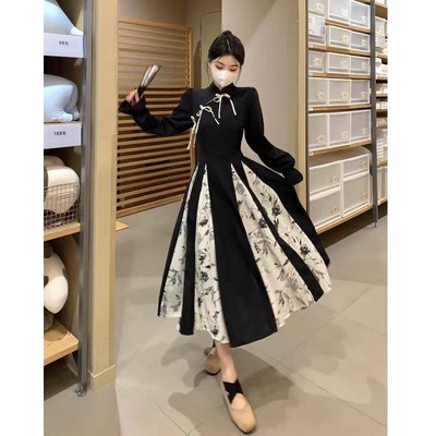 大码立领盘扣长袖新中式连衣裙女装秋季新款胖mm改良旗袍显瘦裙子