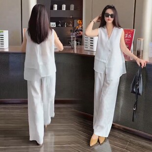 时尚 气质不对称马夹阔腿裤 套装 新款 麻料高档 女2025夏季 休闲