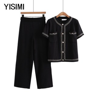 新款 两件套阔腿裤 大码 中老年女装 外套 冰丝针织套装 中年胖妈妈夏装